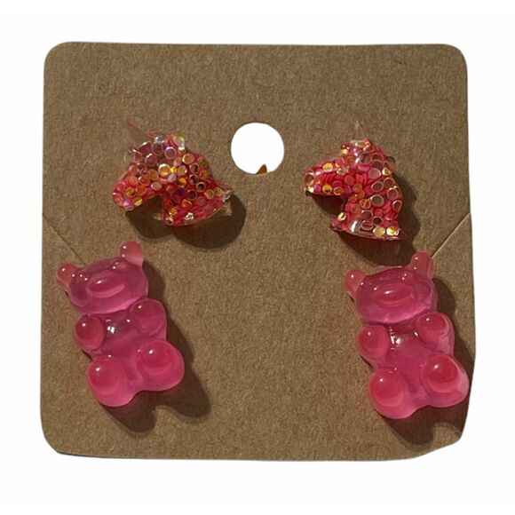 Glitter Unicorn Studs Gummy Bear Studs Pink Set‎ - Picture 1 of 6